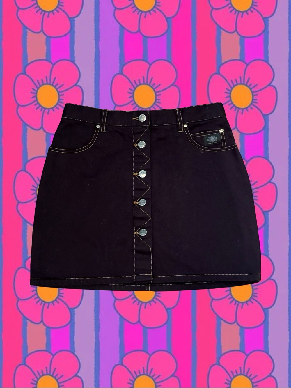 Harley-Davidson Black Denim Button-Front Mini Skirt